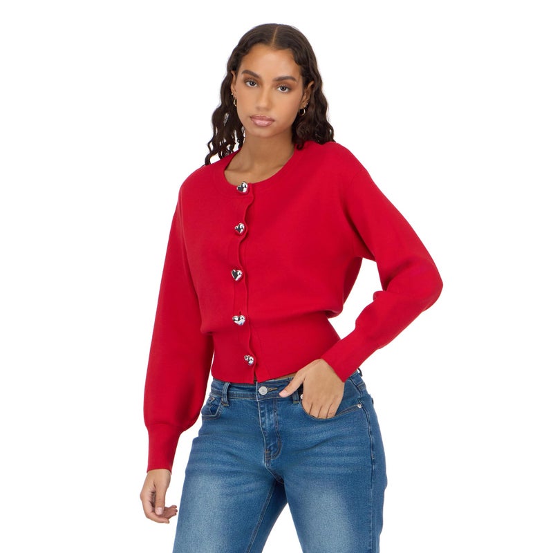 Forever 21 Women's Basic Long Sleeve Cardigan with Heart Shaped Metal Buttons â€“ Classic Knit Layer for Everyday Style, Color- Red, Size- X-Large - Image 1