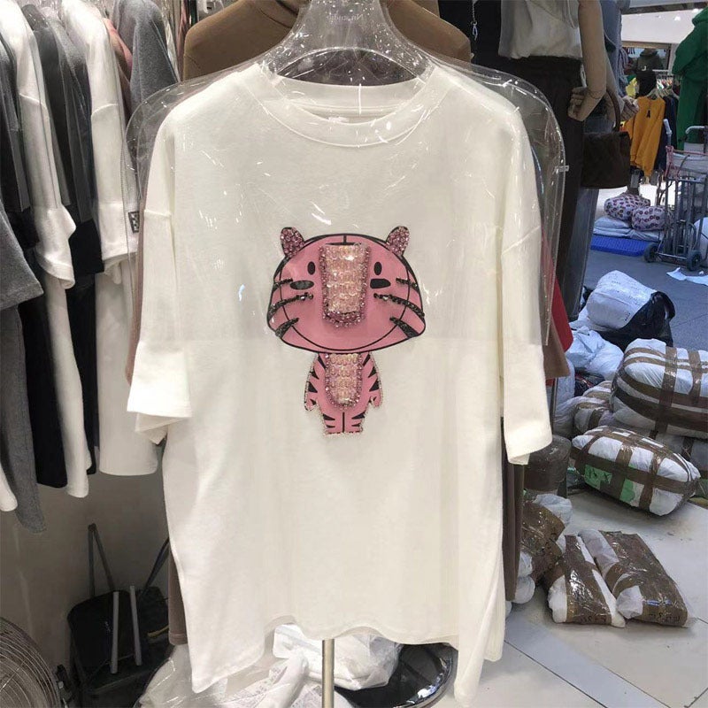 Sanding Short-sleeved T-shirt Women's Loose Half-sleeved 2022 Early Spring Thickened European Station Printed Pink Tiger Trendy Top - Image 2