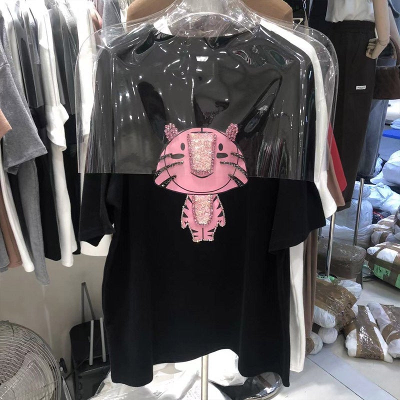 Sanding Short-sleeved T-shirt Women's Loose Half-sleeved 2022 Early Spring Thickened European Station Printed Pink Tiger Trendy Top - Image 5