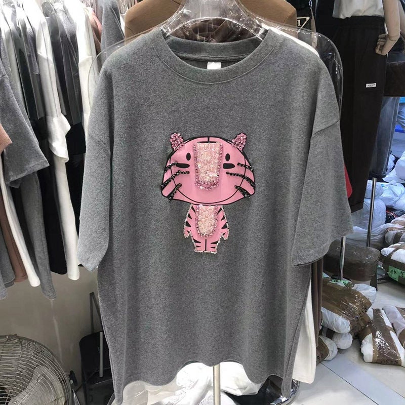 Sanding Short-sleeved T-shirt Women's Loose Half-sleeved 2022 Early Spring Thickened European Station Printed Pink Tiger Trendy Top - Image 3
