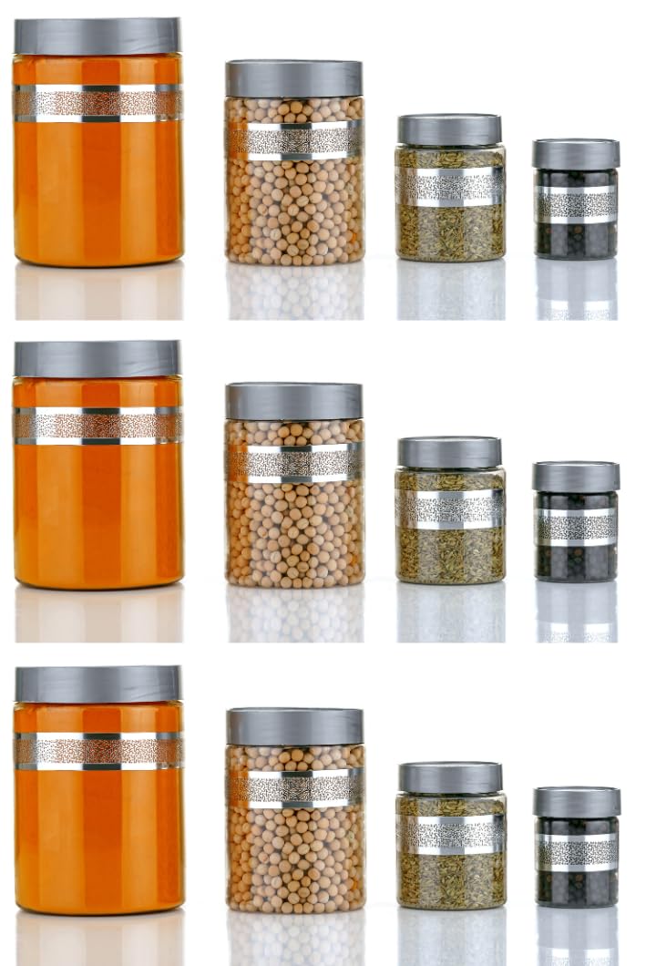 Qshare Kitchen Storage Containers - Transparent Storage Organiser Jar Set with lids & Spoons For Kitchen Pantry, 1200ml, 650ml, 350ml & 250ml Dabba for Snacks, Grains, Dry Fruits (Silver, Set of 12pc) - Image 5