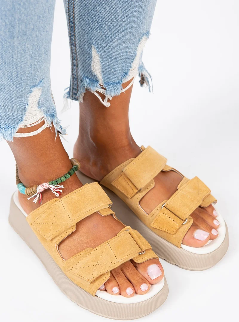 Manijero Manjero Farah Women's Genuine Leather Double Velcro Light Mustard Slippers