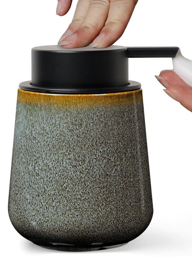 INGOFIN Ceramic Foaming Soap Dispenser -12oz Foam Hand Soap Dispenser Bathroom, Modern Refillable Dish Wash Soap Bottle for Kitchen with Large Pump -Kiln-Glazed Green - Image 1