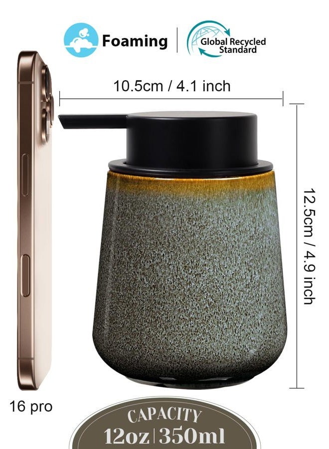 INGOFIN Ceramic Foaming Soap Dispenser -12oz Foam Hand Soap Dispenser Bathroom, Modern Refillable Dish Wash Soap Bottle for Kitchen with Large Pump -Kiln-Glazed Green - Image 2