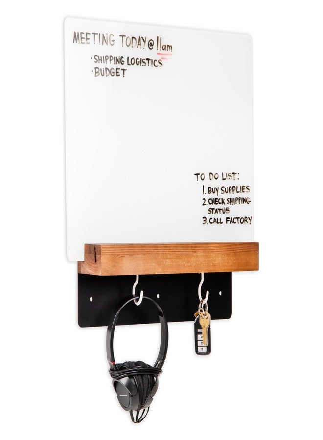 Mind Reader Whiteboard Message Center, Glass Dry Erase Board with Wood Holder and Hooks, Removable Whiteboard for Office or Home, Wall Mounted, 18" x 14" - Image 1