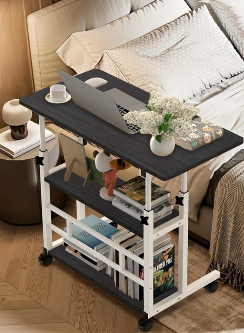 شي ون طاولة لابتوب من SHEE ONE بارتفاع قابل للتعديل وعجلات متحركة | طاولة دراسة متحركة، طاولة طعام على السرير، طاولة قراءة متنقلة، وطاولة بجانب السرير | سطح واسع ورفوف تخزين وقفل للعجلات لمنع الانزلاق | الأبعاد: 85×60 سم و40×60 سم - Image 1