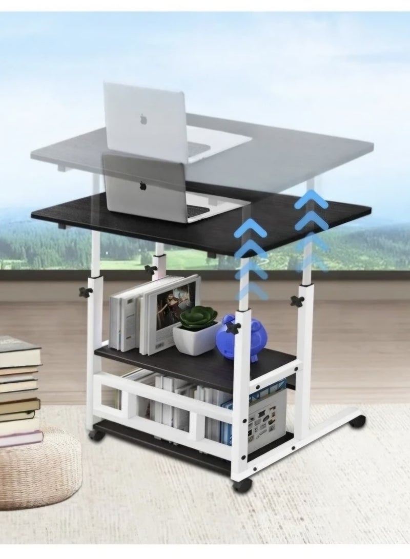 شي ون طاولة لابتوب من SHEE ONE بارتفاع قابل للتعديل وعجلات متحركة | طاولة دراسة متحركة، طاولة طعام على السرير، طاولة قراءة متنقلة، وطاولة بجانب السرير | سطح واسع ورفوف تخزين وقفل للعجلات لمنع الانزلاق | الأبعاد: 85×60 سم و40×60 سم - Image 4