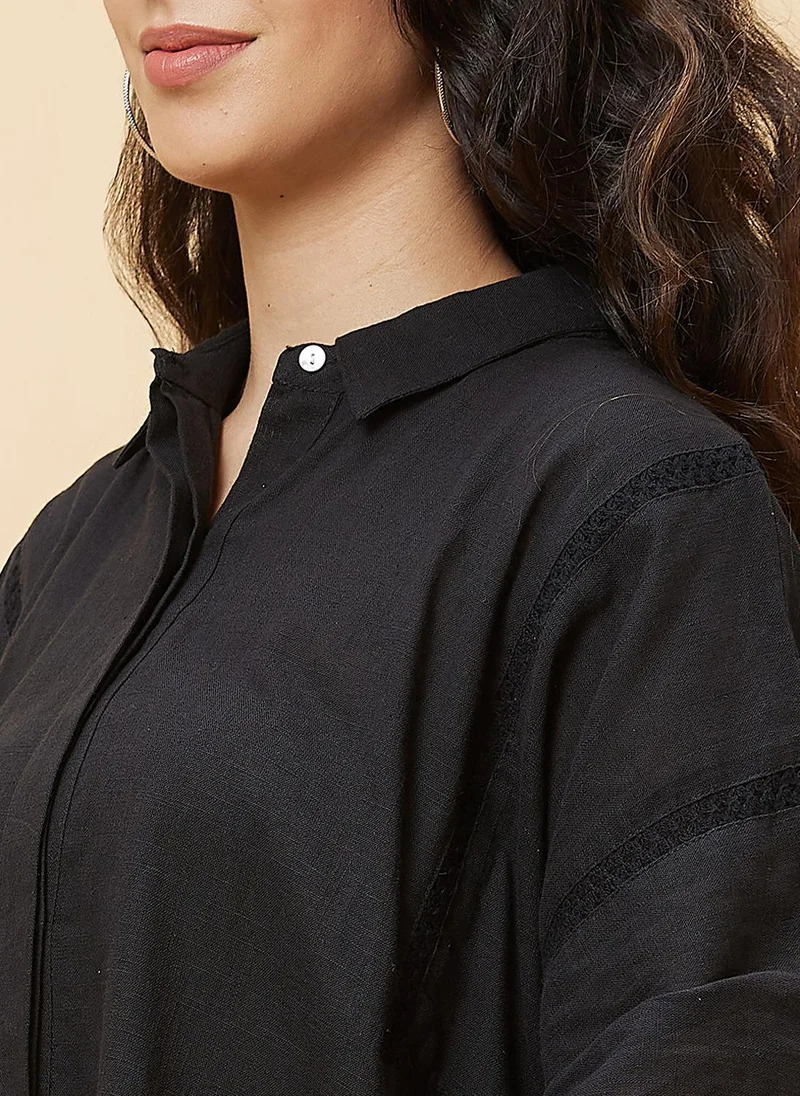 Globus black Globus Women's Black Lace Insert Kaftan Tunic with Shirt Collar for Women | Best Price UAE