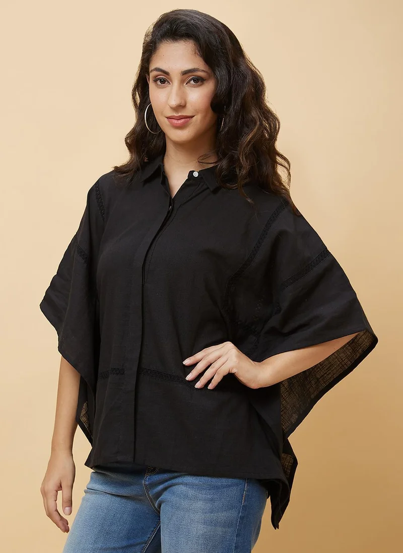 Globus black Globus Women's Black Lace Insert Kaftan Tunic with Shirt Collar for Women | Best Price UAE