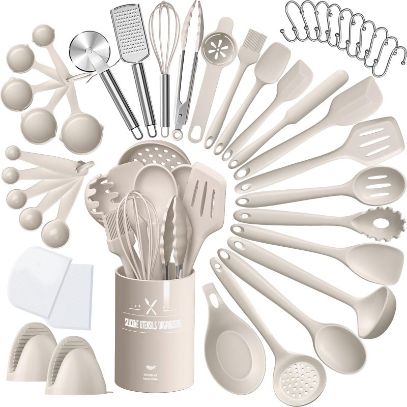 AIKKIL Silicone Kitchen cooking Utensils Set, AIKKIL 43 Pcs Heat Resistant Khaki Cooking Utensils Set, Turner, Tongs, Spoon, Spatula, Kitchen Gadgets Tools Set For Nonstick Cookware(Dishwasher, BPA Free) - Image 1