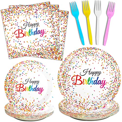 96 Pieces Happy Birthday Plates and Napkins Party Supplies for Confetti Sprinkles Theme Table Decorations Pastel Birthday Party Tableware Donut Paper Plates Napkins Forks Favors for 24 Guests