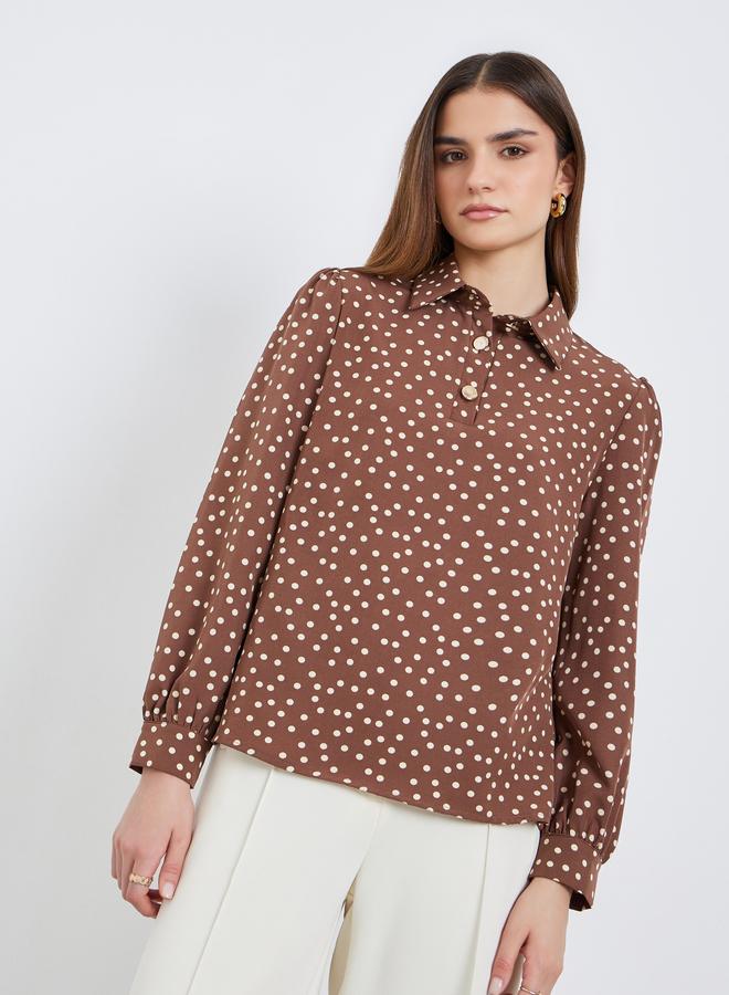 Styli Women Brown Polka Dot Long Sleeve Shirt - Image 3
