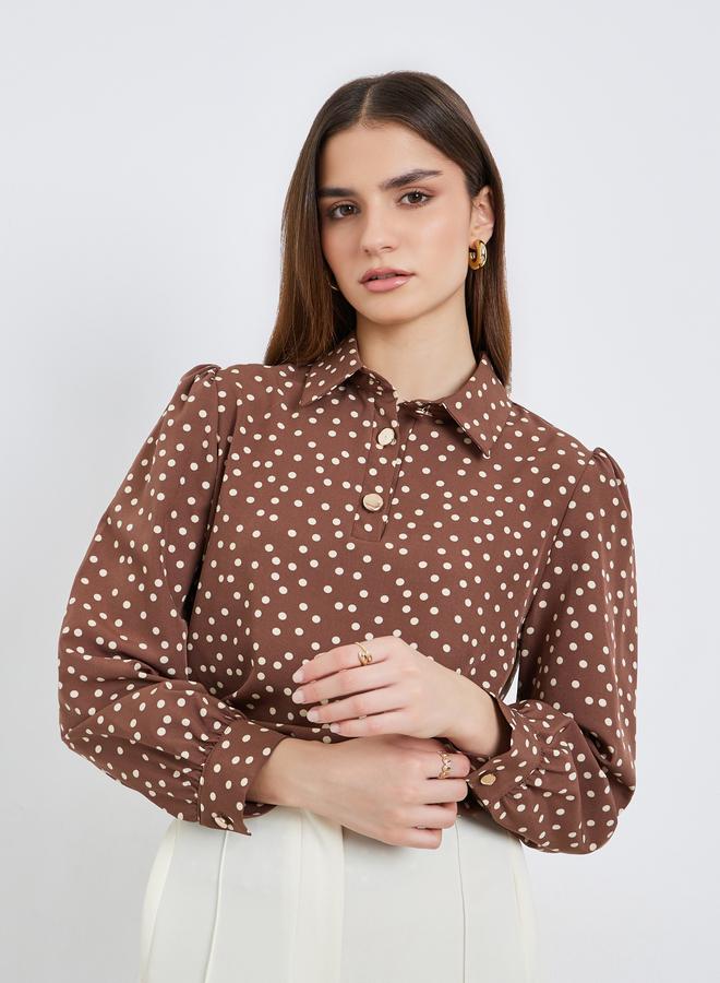 Styli Women Brown Polka Dot Long Sleeve Shirt - Image 4
