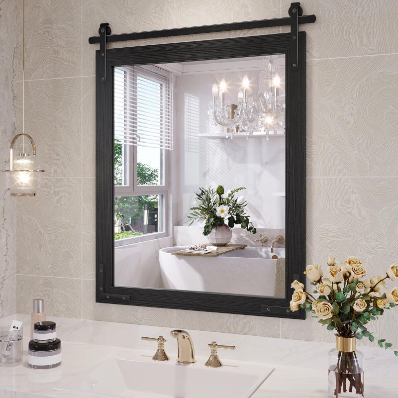 JIINGYO Farmhouse Bathroom Mirror, 24x30 Inch Black Vanity Mirror for Wall, Wood Framed Rustic Mirror Rectangular Wall Decor Mirrors for Entryway Living Room Bedroom - Image 1