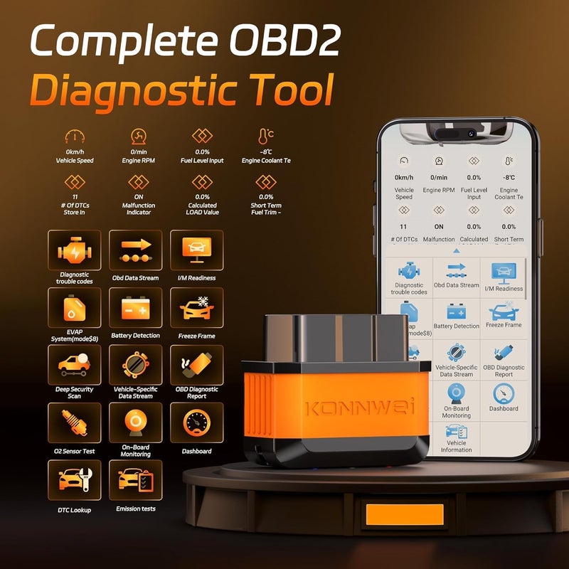 كونوي ماسح KONNWEI OBD2 بلوتوث 5.2، أداة تشخيص سيارات لاسلكية تلقائية، يعمل مع iOS/Android، قارئ رموز فحص محرك السيارة، مسح رمز الخطأ، اختبار الأداء، مناسب لـ 99% من السيارات (برتقالي) - Image 3