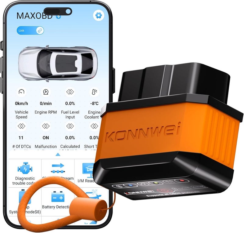 كونوي ماسح KONNWEI OBD2 بلوتوث 5.2، أداة تشخيص سيارات لاسلكية تلقائية، يعمل مع iOS/Android، قارئ رموز فحص محرك السيارة، مسح رمز الخطأ، اختبار الأداء، مناسب لـ 99% من السيارات (برتقالي) - Image 1