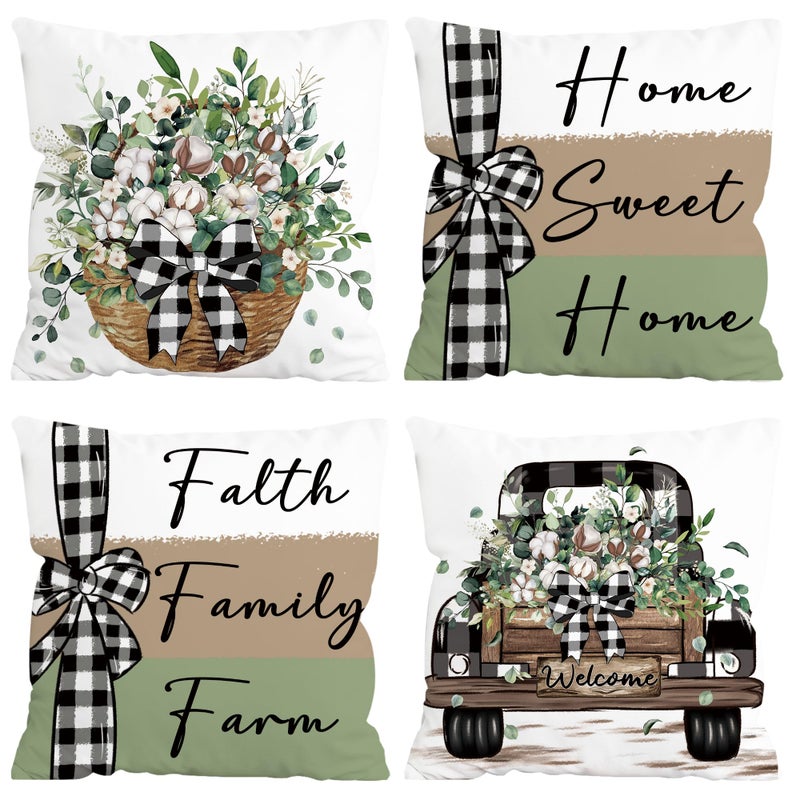 FUTBU Farmhouse Throw Pillow Covers 18x18 Inch Set of 4, Faith Family Farm Farm Cushion Case Decoration for Sofa Couch Set of 4 for Home Sweet Home Gift Green - Image 1