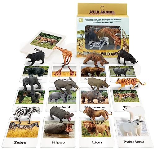RUSON 12 Safari Animals Figures Toys with 12 Flash Cards, Realistic Mini Jungle Animal Figurines Cake Topper Party Supplies Montessori Animal Matching Game for Toddler Kids - Image 1