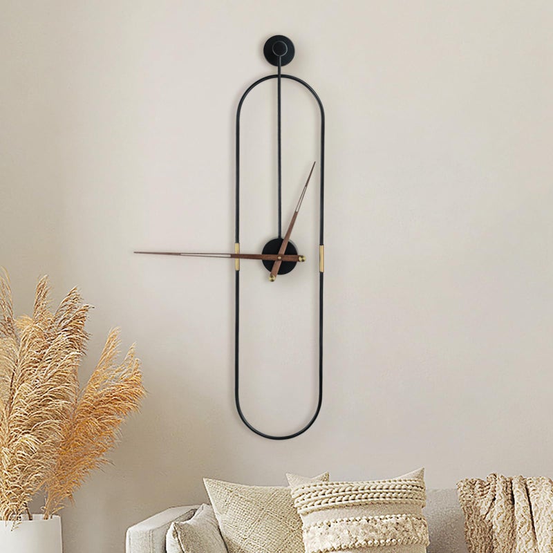DRELIFAM Modern Oval Wall Clock Large Wall Clock with Walnut Pointers for Living Room Home Decor Bedroom Kitchen Office Oval Black Large
