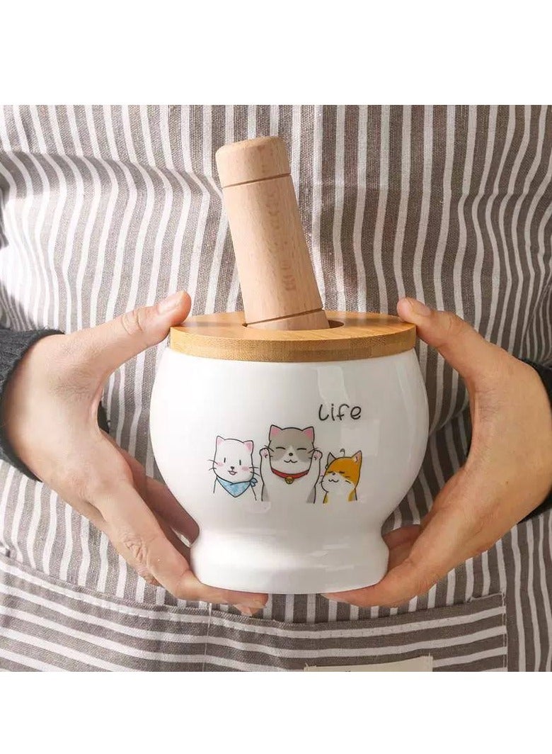 Porcelain mortar with imported wooden lid - Various ceramic designs for crushing garlic and multiple uses - Image 1