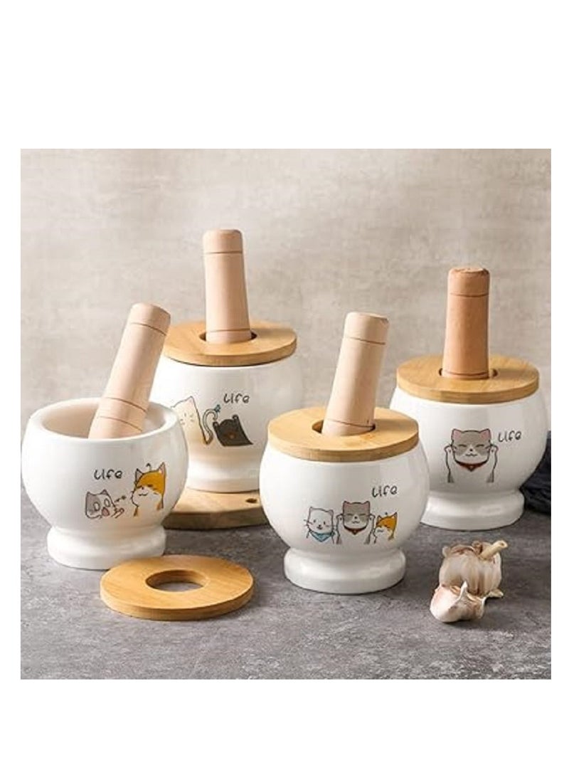 Porcelain mortar with imported wooden lid - Various ceramic designs for crushing garlic and multiple uses - Image 2