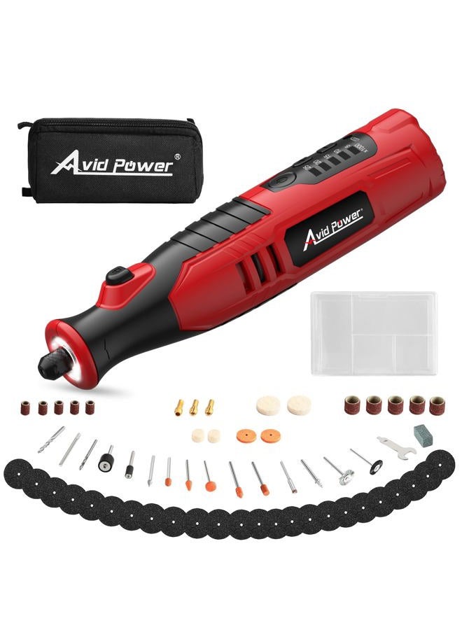 AVID POWER Cordless Rotary Tool 2.0 Ah 8V Rechargeable Rotary Tool with 4 Front LED Lights, 5 Speeds and 60 Pieces Rotary Tool Accessories for Carving, Engraving, Sanding, Polishing and Cutting - Red - Image 1