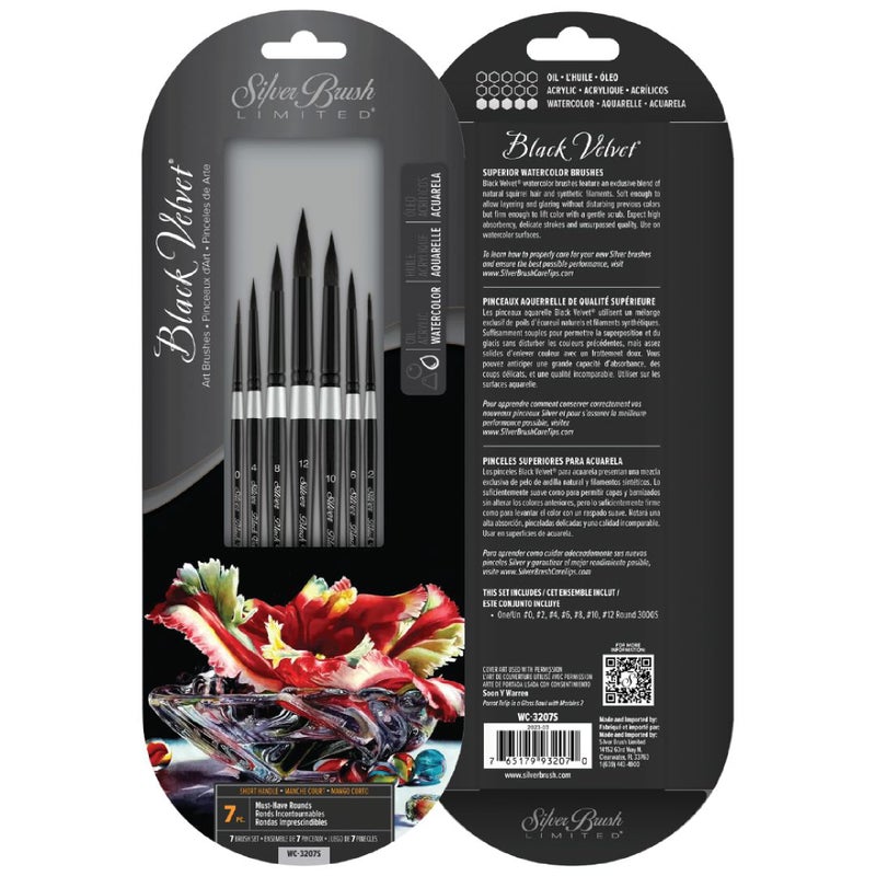 Silver Brush Limited Silver Brush Limited WC3207s Black Velvet MustHave Rounds Set Paintbrushes for Watercolor Gouache Inks  Dyes Set of 7 Sizes 0 2 4 6 8 10 and 12 Round Brushes Short Handle 