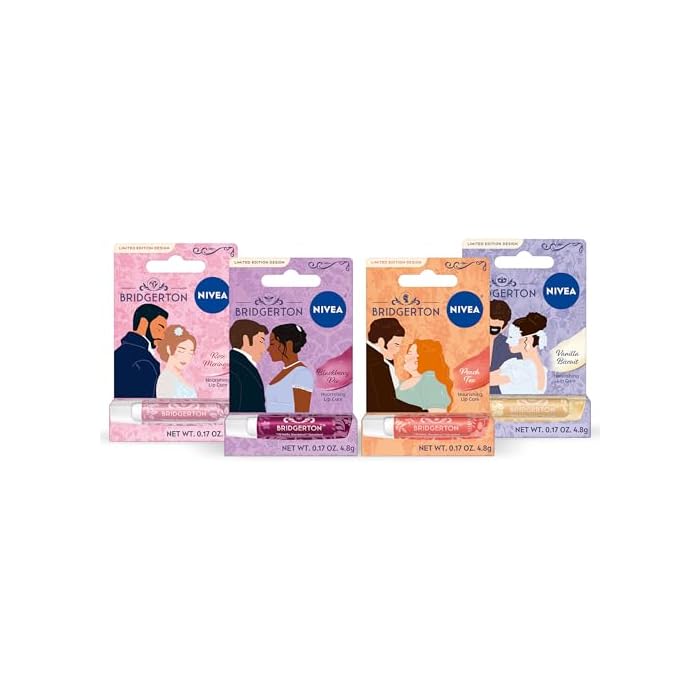 NIVEA Lip Care, Bridgerton Limited Edition Moisturizing Lip Balms with Shea Butter, Blackberry Pie, Peach Tea, Rose Meringue, and Vanilla Biscuit, Four 0.17 Oz Sticks