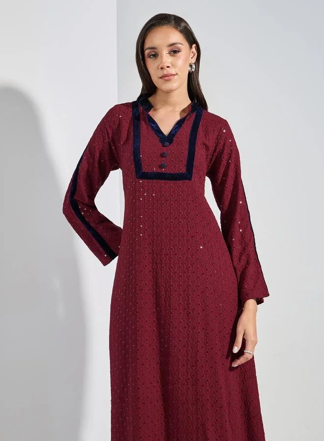 Maxim Creation Sequined Embroidery Kaftan with Velvet Patchwork by Styli