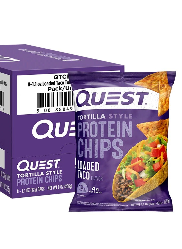 Quest Nutrition Quest Tortilla Style Protein Chips – Loaded Taco Flavor, High Protein, Gluten-Free, 32g (Box of 8 Bags) - Image 1