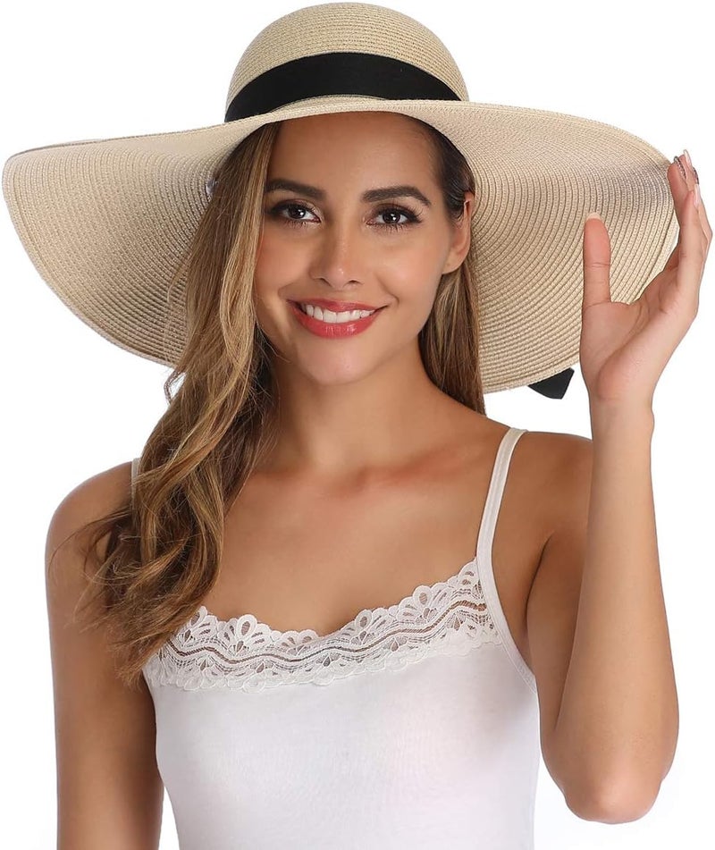 Lanzom Womens Wide Brim Straw Hat Big Floppy Foldable Roll up Cap Beach Sun Hat UPF 50+ - Image 5