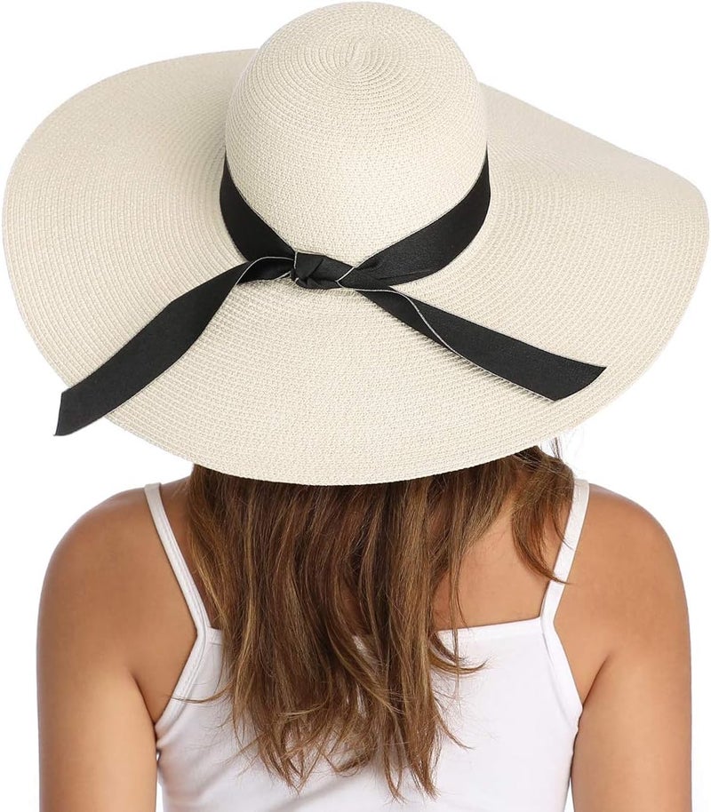Lanzom Womens Wide Brim Straw Hat Big Floppy Foldable Roll up Cap Beach Sun Hat UPF 50+ - Image 1
