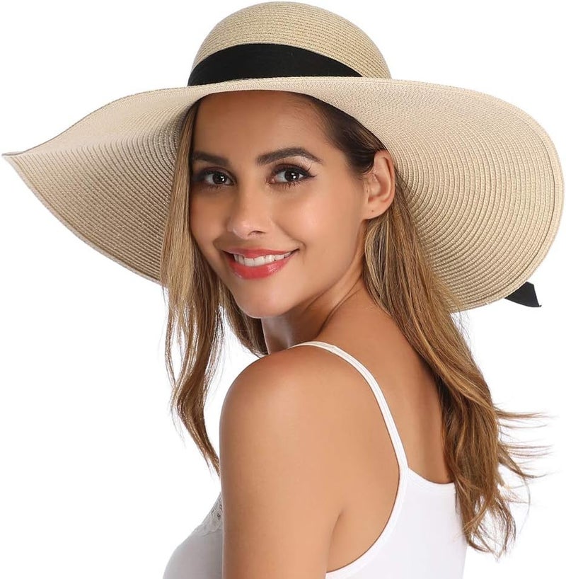 Lanzom Womens Wide Brim Straw Hat Big Floppy Foldable Roll up Cap Beach Sun Hat UPF 50+ - Image 3