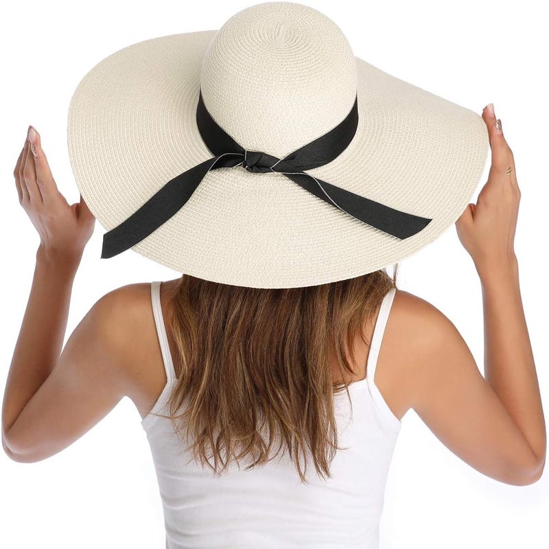 Lanzom Womens Wide Brim Straw Hat Big Floppy Foldable Roll up Cap Beach Sun Hat UPF 50+ - Image 2