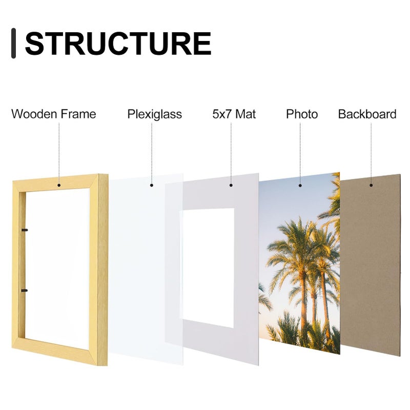 Vittanly 8x10 Picture Frames Set of 9, Shatter Resistant Plexiglass, Display 5x7 Pictures with Mat or 8x10 without Mat, Photo Frames for Wall or Tabletop, Engineered Wood, Gold - Image 2