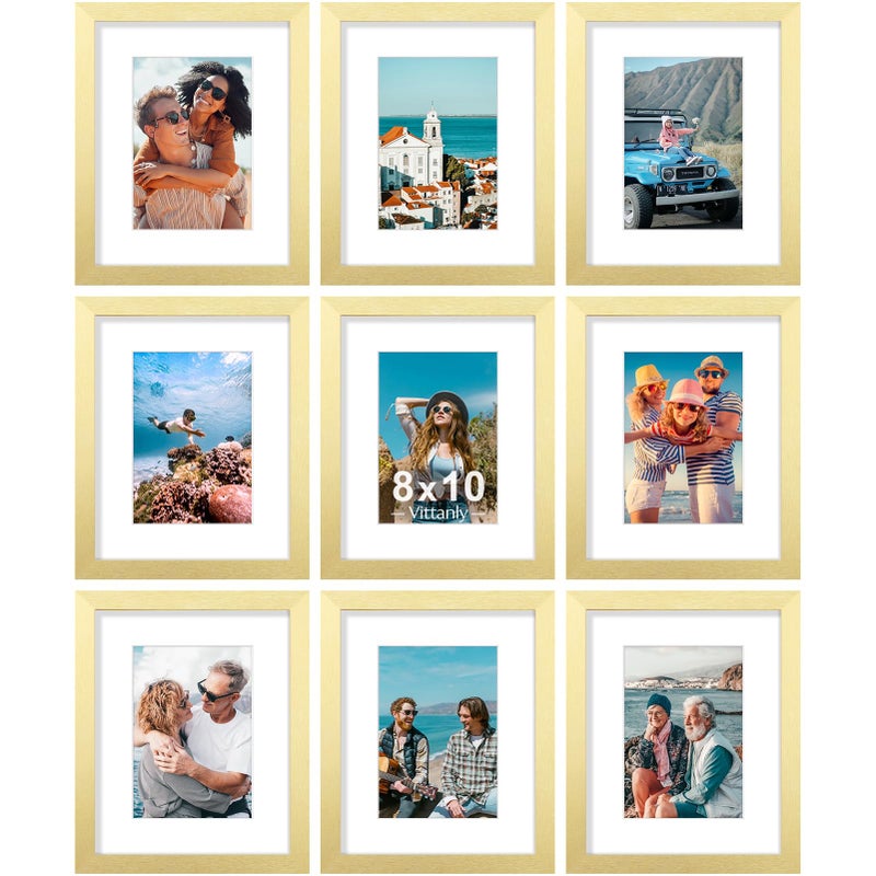 Vittanly 8x10 Picture Frames Set of 9, Shatter Resistant Plexiglass, Display 5x7 Pictures with Mat or 8x10 without Mat, Photo Frames for Wall or Tabletop, Engineered Wood, Gold - Image 1