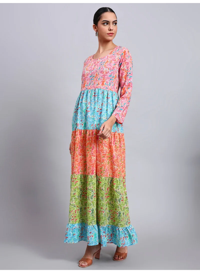Alaya Women Multicolor Floral Printed Cotton Jalabiya with Flared Sleeves & Round Neckline-AL4040