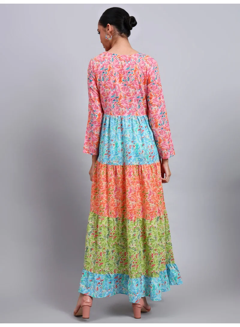 Alaya Women Multicolor Floral Printed Cotton Jalabiya with Flared Sleeves & Round Neckline-AL4040