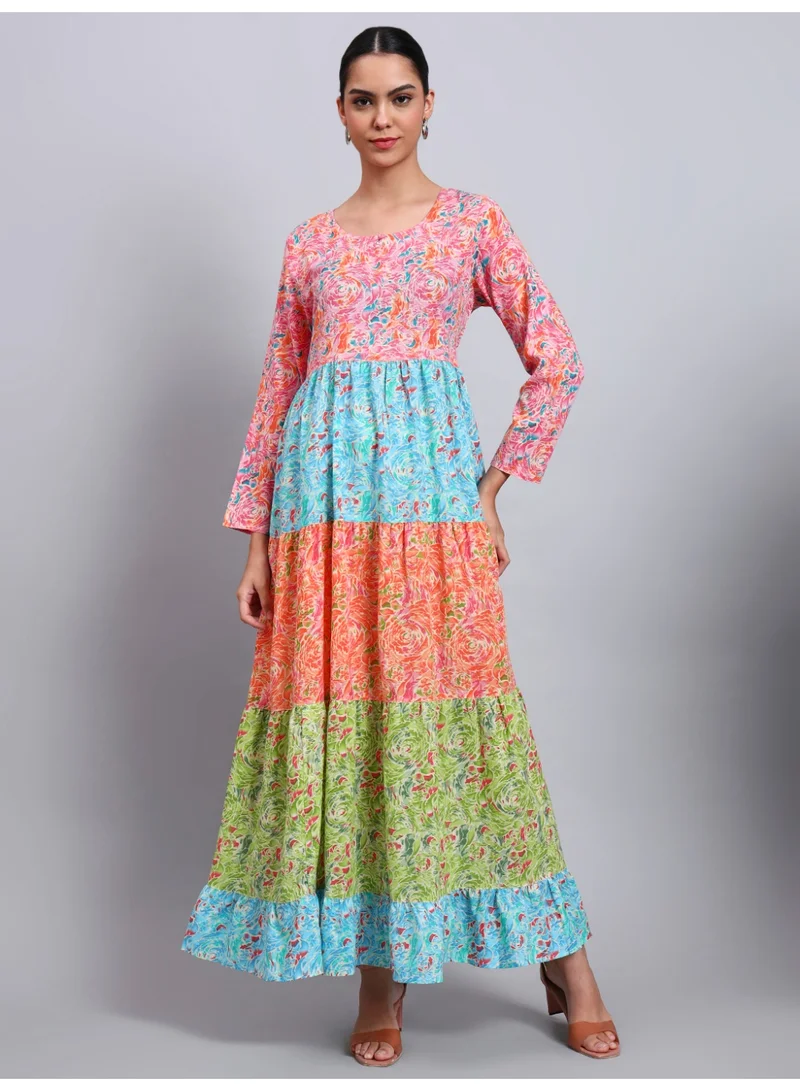 Alaya Women Multicolor Floral Printed Cotton Jalabiya with Flared Sleeves & Round Neckline-AL4040