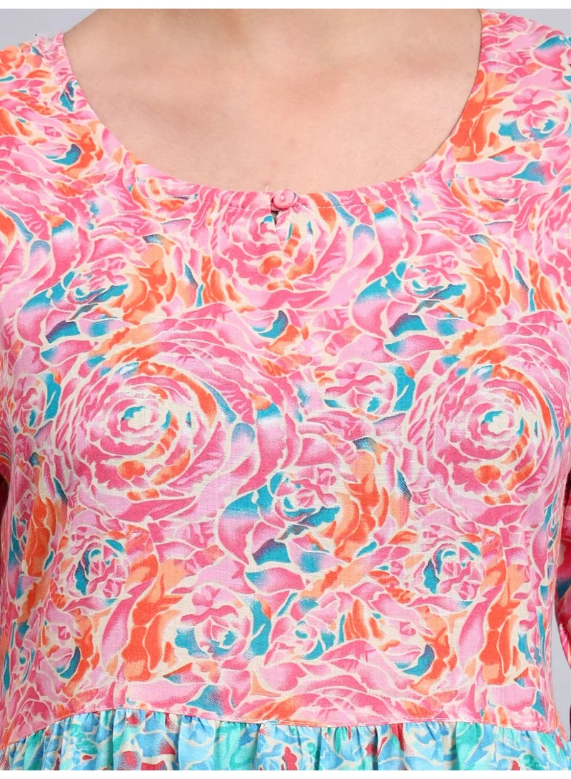 Alaya Women Multicolor Floral Printed Cotton Jalabiya with Flared Sleeves & Round Neckline-AL4040