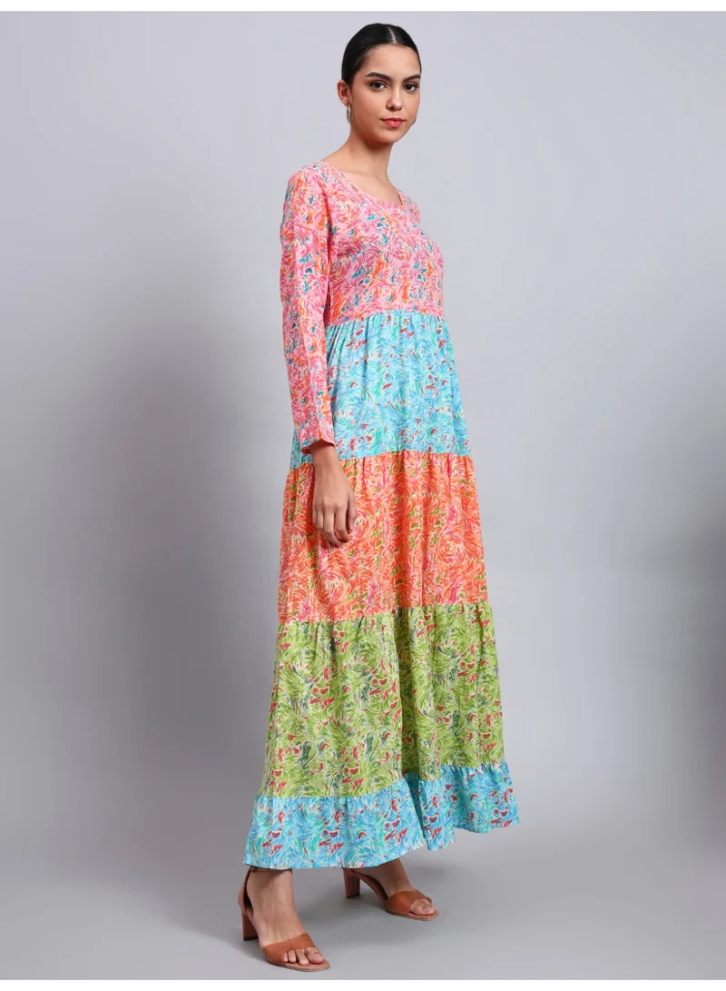 Alaya Women Multicolor Floral Printed Cotton Jalabiya with Flared Sleeves & Round Neckline-AL4040