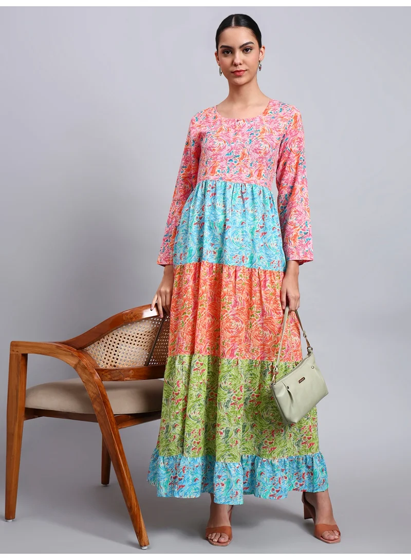 Alaya Women Multicolor Floral Printed Cotton Jalabiya with Flared Sleeves & Round Neckline-AL4040