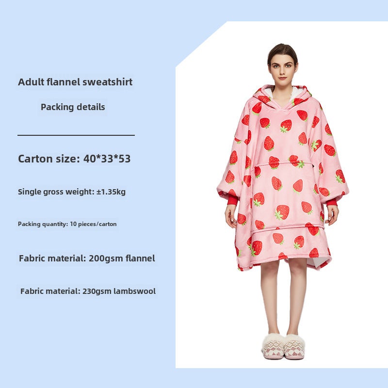 Oversized Hoodie Blanket Flannel Couples Loungewear Strawberry Foundation-Adult Double Layer 
