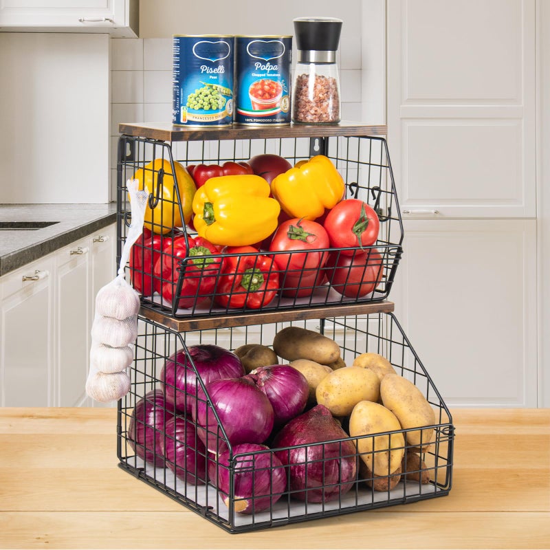 Mefirt Fruit Basket, Stackable Wall Mounted Fruit Baskets, Potato Basket Onion Storage for Kitchen, Hanging Wire Basket with Wood Lid, 2-Tier Vegetable Organizer Kitchen Countertop Organization - Image 1