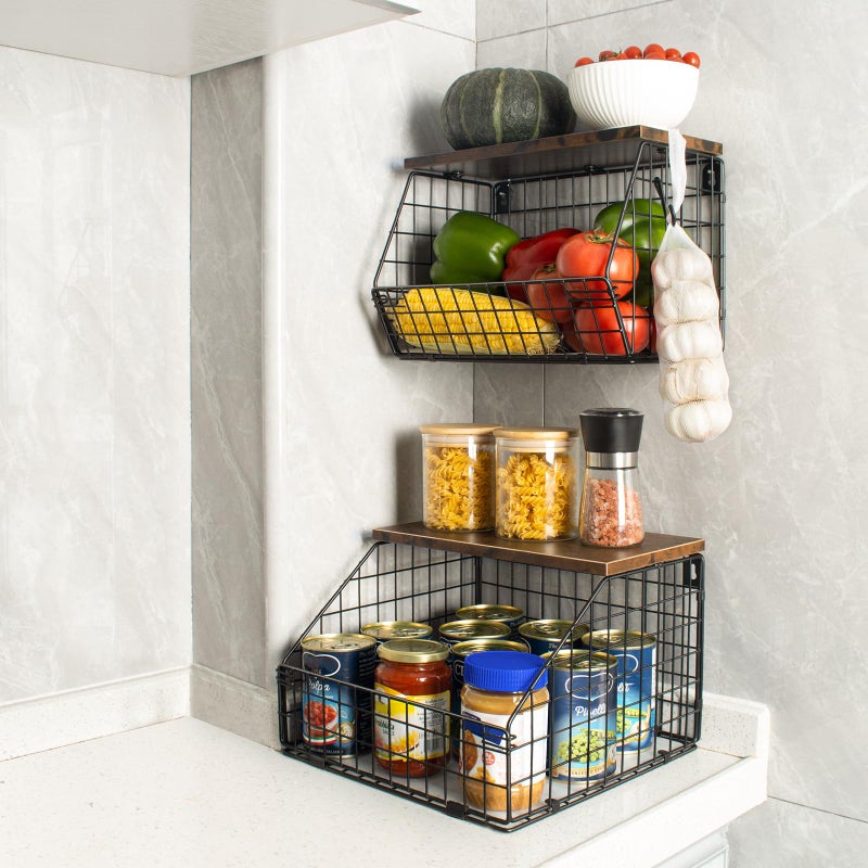 Mefirt Fruit Basket, Stackable Wall Mounted Fruit Baskets, Potato Basket Onion Storage for Kitchen, Hanging Wire Basket with Wood Lid, 2-Tier Vegetable Organizer Kitchen Countertop Organization - Image 5