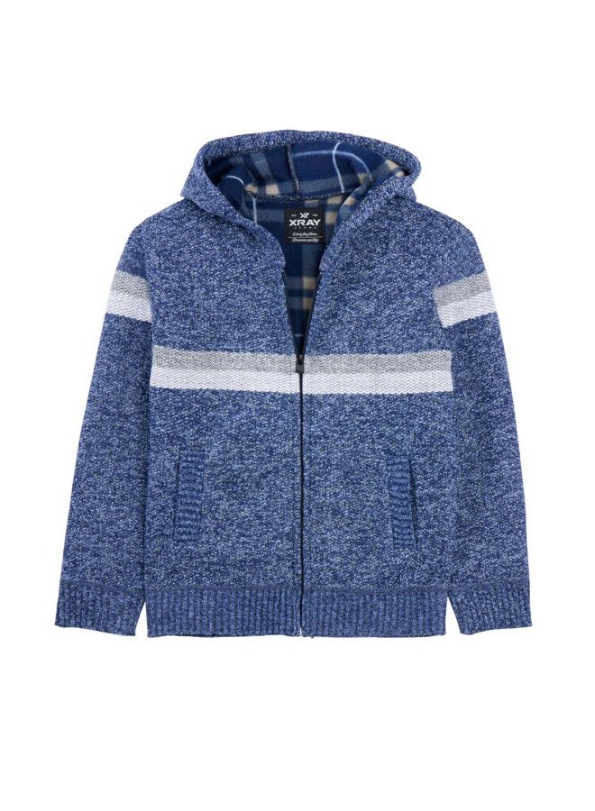 X RAY Boys (6-12) Full Zip Fleece Flannel Lining Sweater with Hood, Kids Knit Sweater for Spring, Fall and Winter, Marbled Blue/Light Grey, L - Image 1