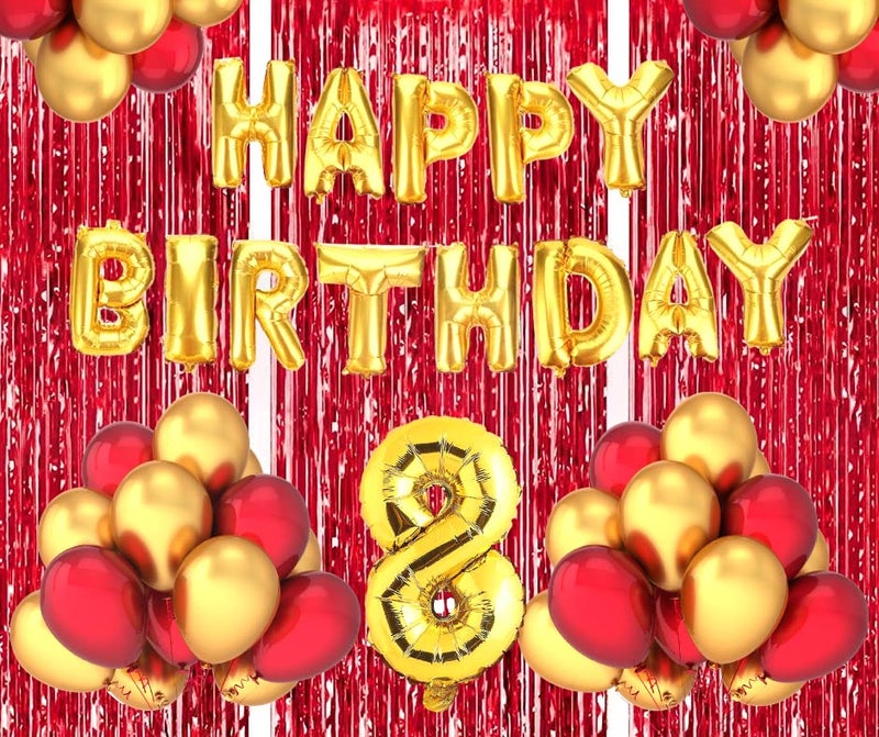 Flyloons 8th Birthday Decoration items for Girls Boys Husband Wife Valentine with Gold and Red Balloons, Golden Happy Birthday Banner, Red Foil curtains, Foil Balloon number 8 - Image 4