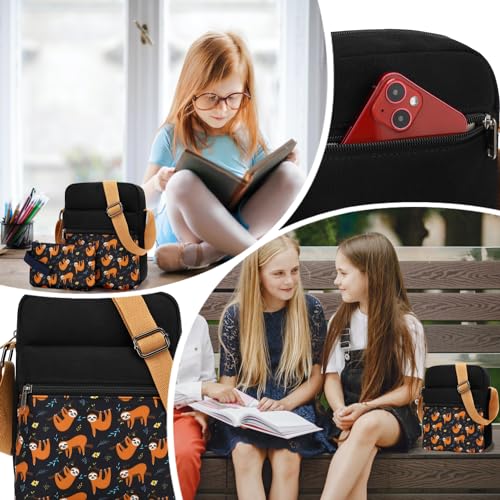 Leaper Girls Crossbody Purses 2 PCS Sloth Messenger Bag Canvas Crossbody Bag and Purse Set for Women Black - Image 3