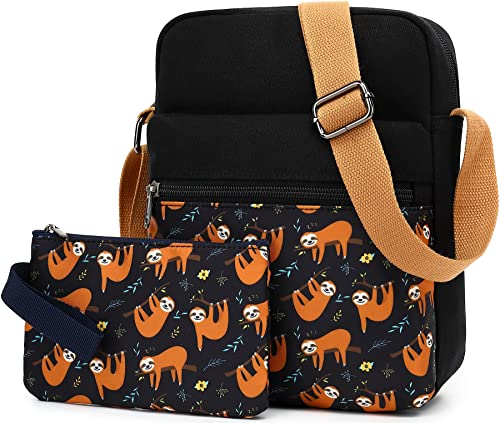 Leaper Girls Crossbody Purses 2 PCS Sloth Messenger Bag Canvas Crossbody Bag and Purse Set for Women Black - Image 2