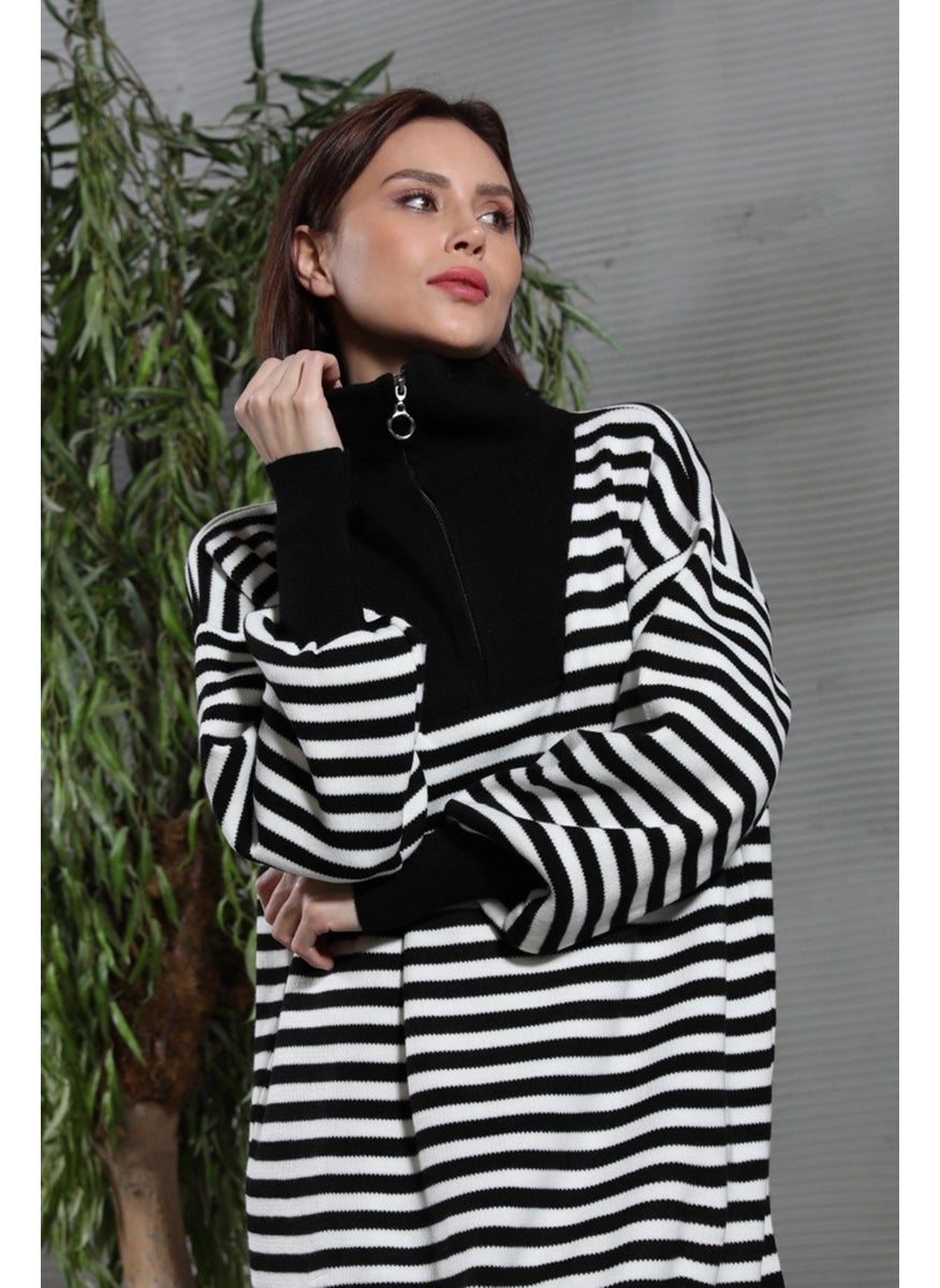 Giysa Women's Oversize Half Zipper Striped Long Knit Dress  - Image 3